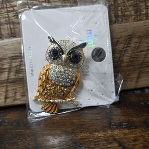 Orange & Golden, Mint Colorful Crystal Owl Brooch, Chunky.